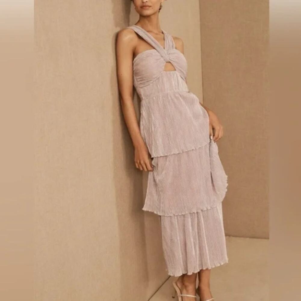 NWT Saylor Anthropologie High-Neck Elora Metallic Tiered Dress, Lilac, Small